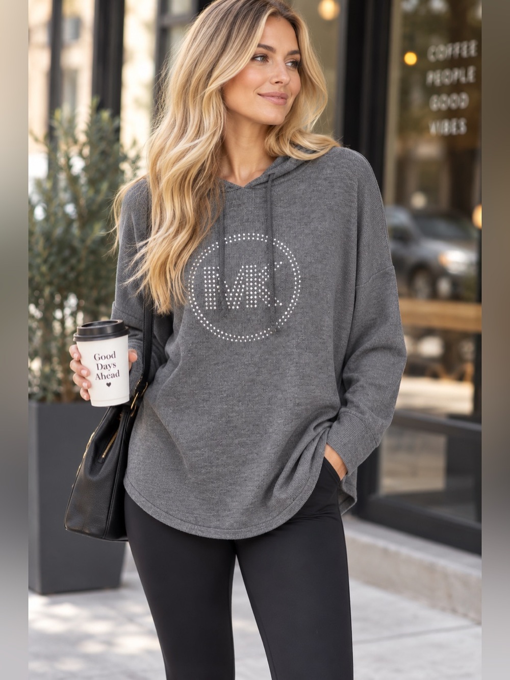 Michael Kors Rhinestone MK Grey Oversized Hooded Top M (ptp 23-25.5”)